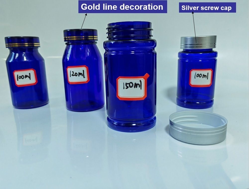 الصيدلة 100 مل 120 مل 175 مل حبوب بلاستيكية بي تي زرقاء كبسولة زجاجة الرعاية الصحية حبوب منع الحمل دواء زجاجة مع غطاء المسمار