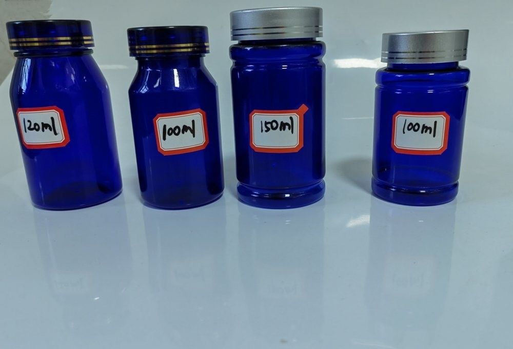 100cc 120cc 150cc زجاجة بلاستيكية للأقراص كبسولات شفافة زرقاء حيوانات أليفة قابلة لإعادة تعبئة زجاجة بلاستيكية للجرعات الصلبة